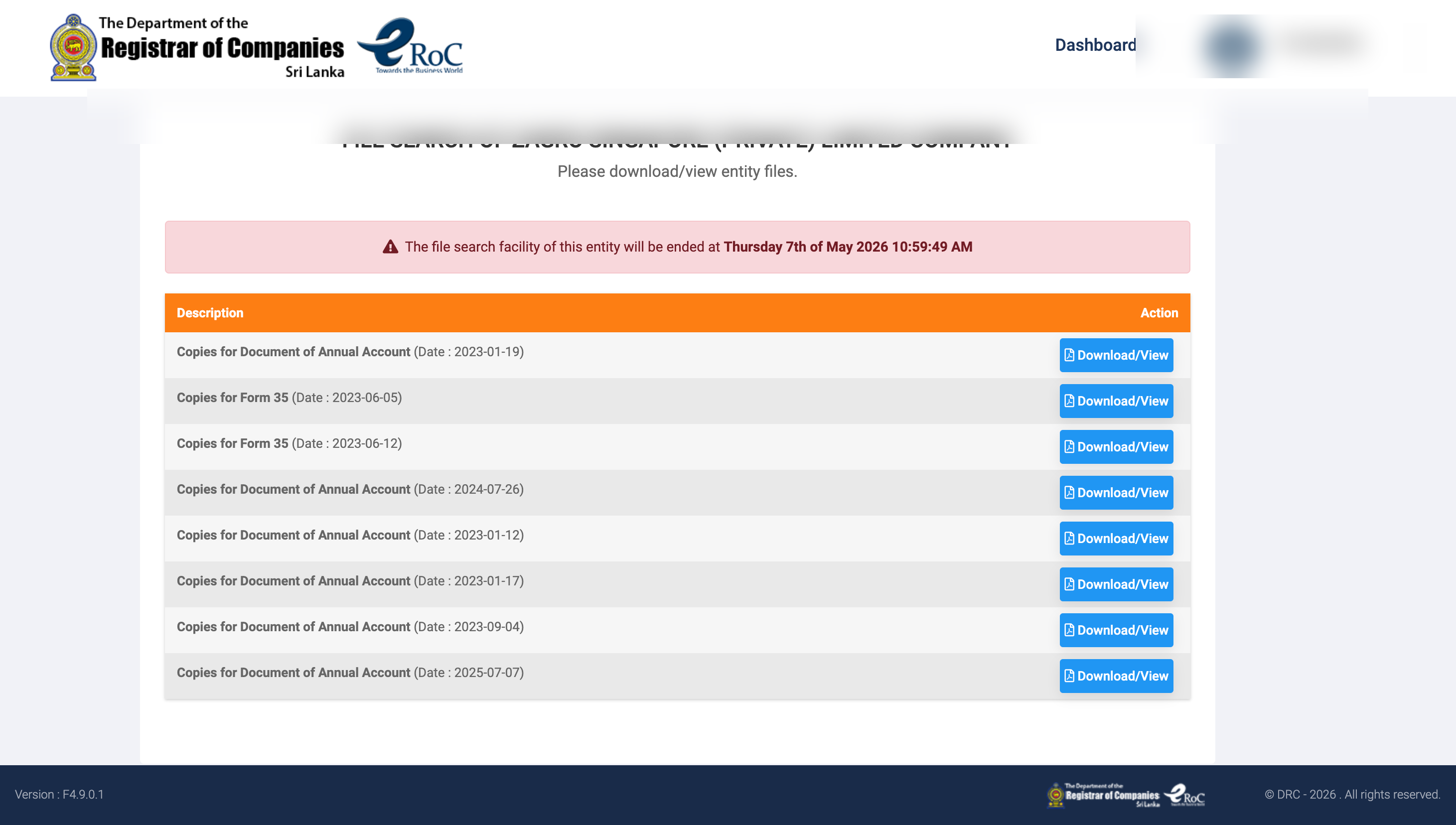 eRoC document list with download and view action buttons